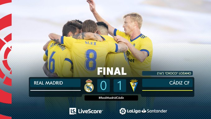 Fuente: @Cadiz_CF Cadiz festeja su victoria histórica en casa del Real Madrid