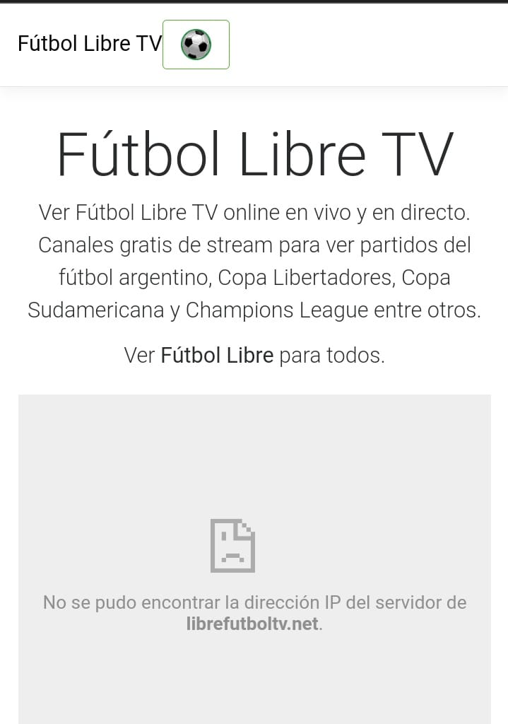 Captura de pantalla de Fútbol Libre y su servidor sin funcionar.