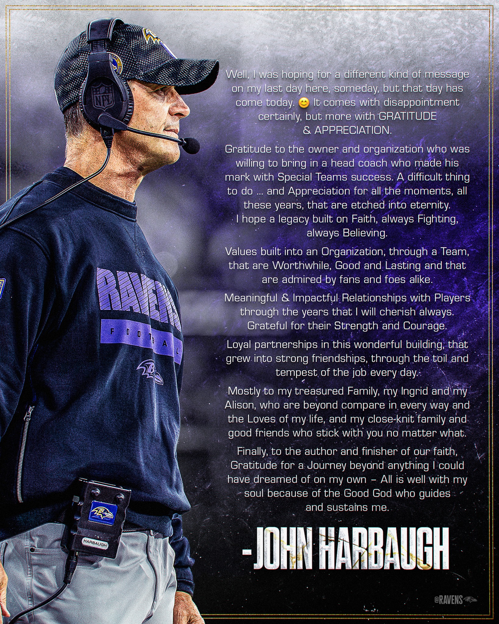 Ravens despidieron a John Harbaugh, despedida formal del coach