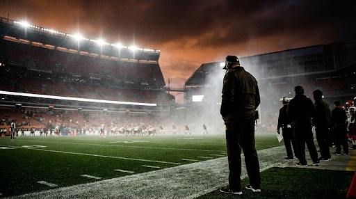 Kevin Stefanski observa el campo de fútbol.