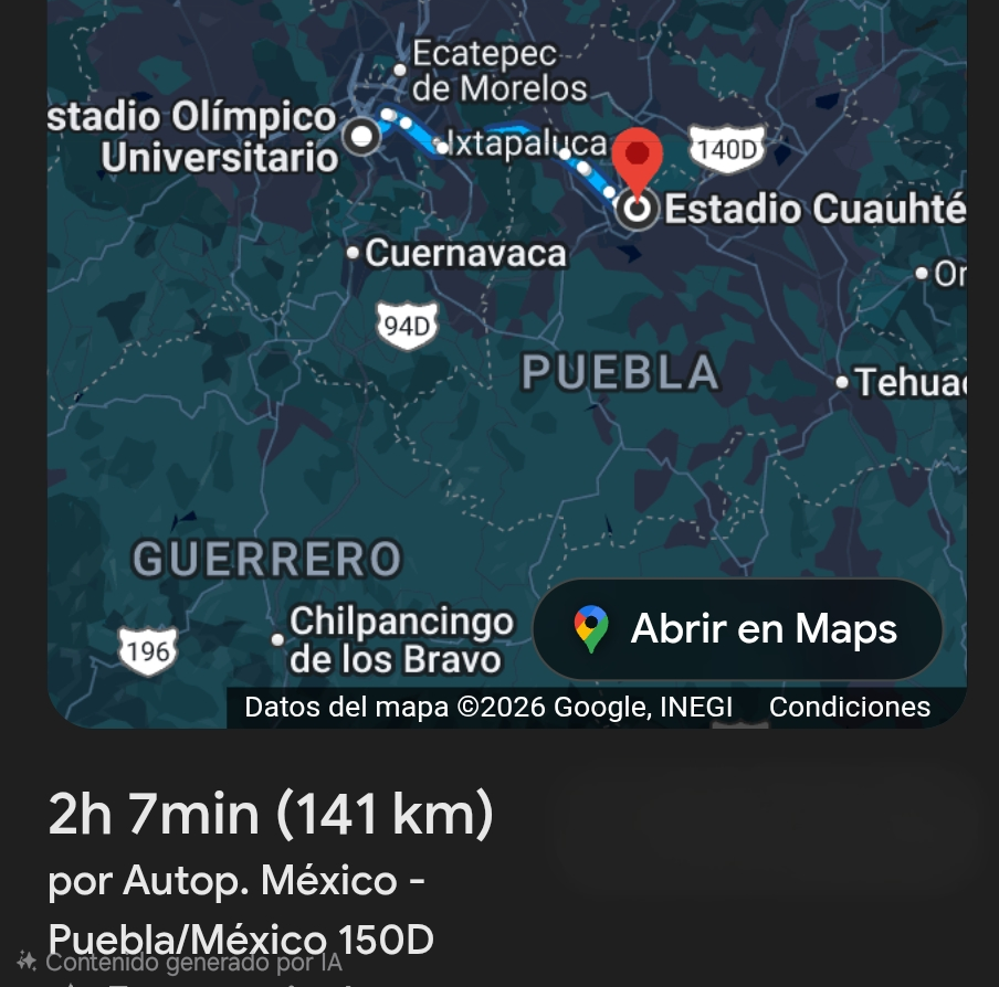 Distancia Estadio Universitario a Estadio Cuauhtémoc