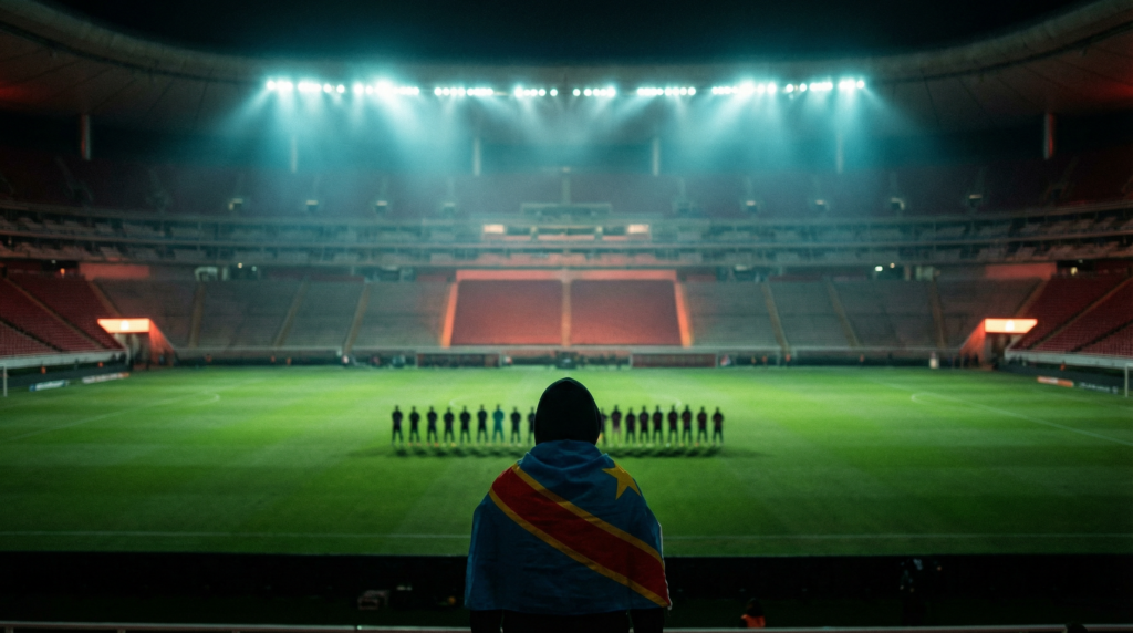 Aficionado congoleño con bandera de la RDC mira el repechaje del Mundial 2026 en el estadio de Guadalajara.