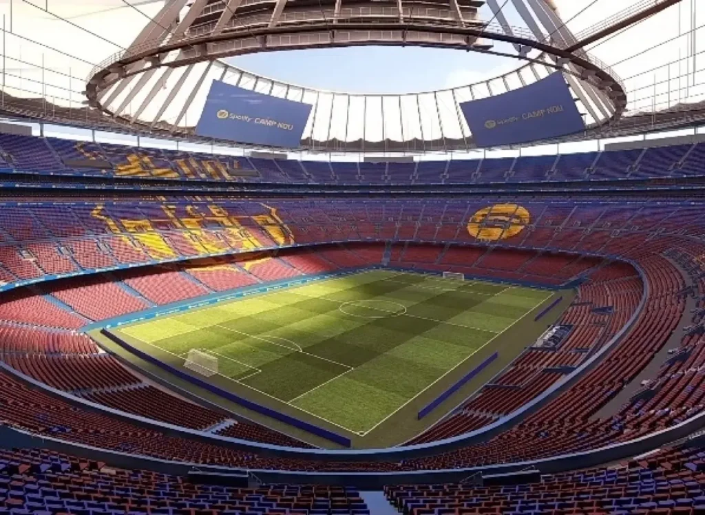 Tribunas del Sporify Cam Nou en día del partido, una vez que se concluya la instalación del techo