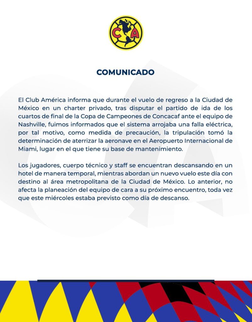 América confirmó el aterrizaje de emergencia, aunque aclaró que los jugadores ni el cuerpo técnico estuvieron en riesgo