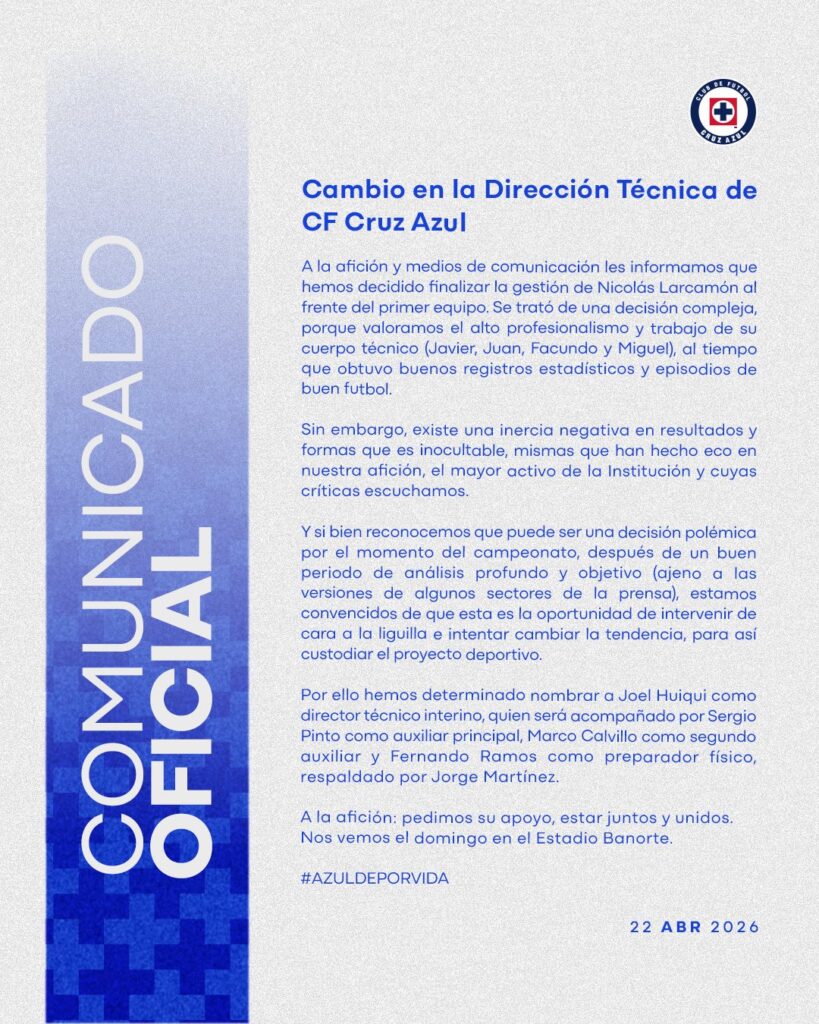 Comunicado oficial: Cruz Azul despide a Larcamón