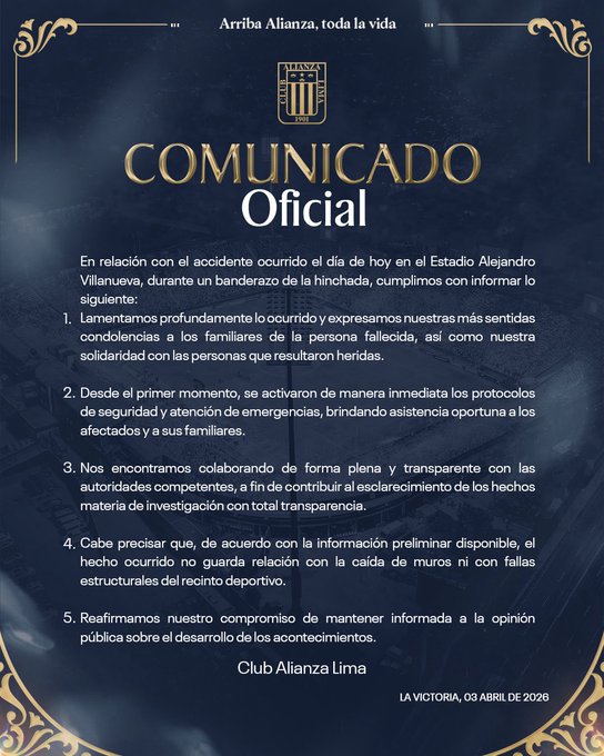 El Alianza Lima lamentó la tragedia, pero se deslindó de cualquier responsabilidad por la falla de la infraestructura