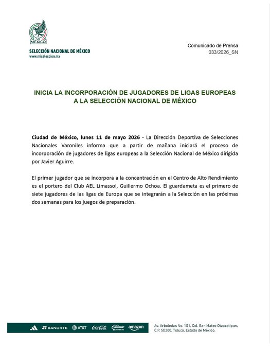La FMF informó que a partir del 11 de mayo comenzaron a llegar jugadores europeos para su preparación con la Selección Mexicana