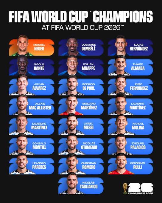 Estos son los 22 jugadores participantes que han ganado previamente la Copa del Mundo de la FIFA