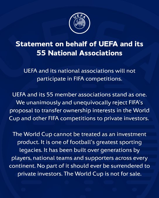 La UEFA emitió un comunicado donde sus 55 integrantes rechazan cualquier plan de privatización por parte de la FIFA