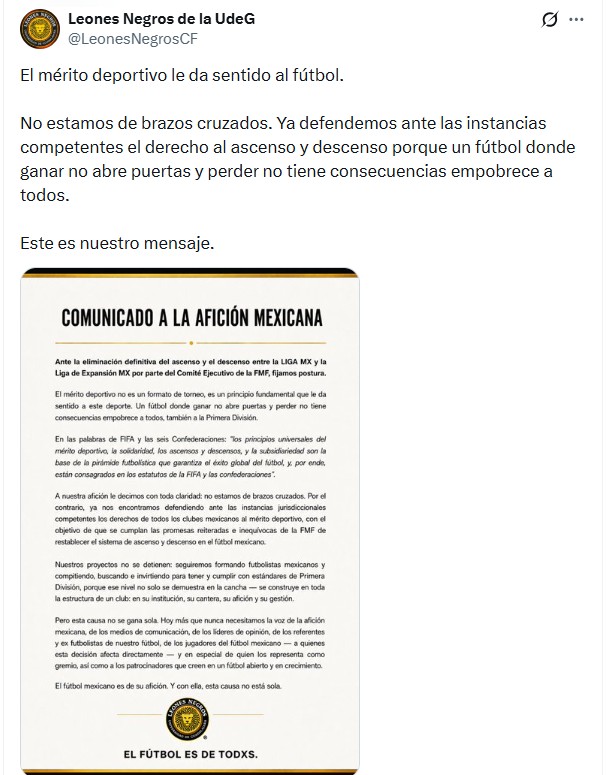 La directiva de la UdeG exigió a la LigaMX cumplir su promesa y restablecer el ascenso