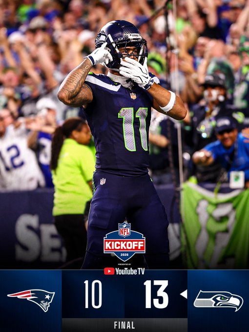 Los Seahawks sobrevivieron sin Sam Darnold y vencieron apretadamente a los Patriots en el Kickoff de la temporada 2026 de la NFL