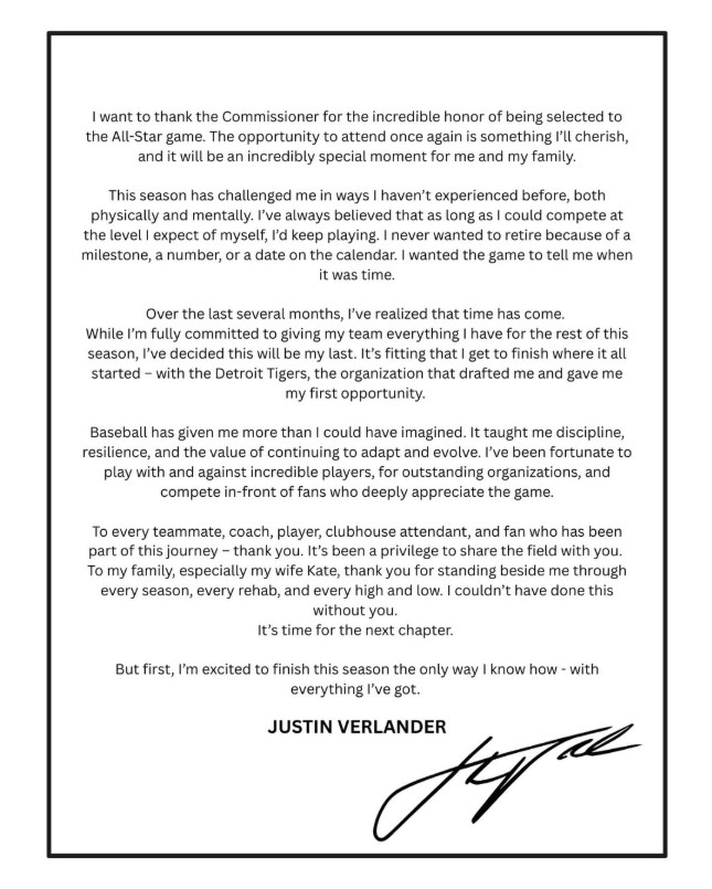 Verlander anunció su retiro durante el All-Star Game, para el final de la temporada 2026