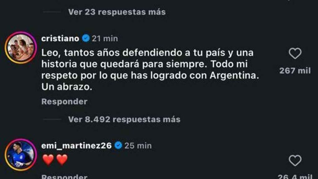 Cristiano Ronaldo reconoció la trayectoria de Lionel Messi con la Selección de Argentina