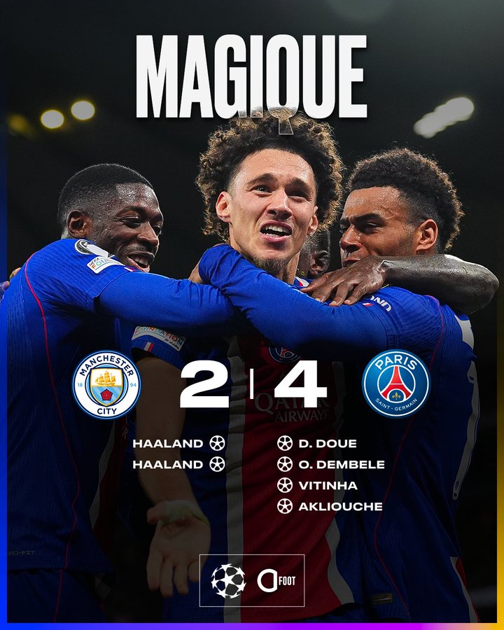 El campeón PSG venció a domicilio al Manchester City 2-4